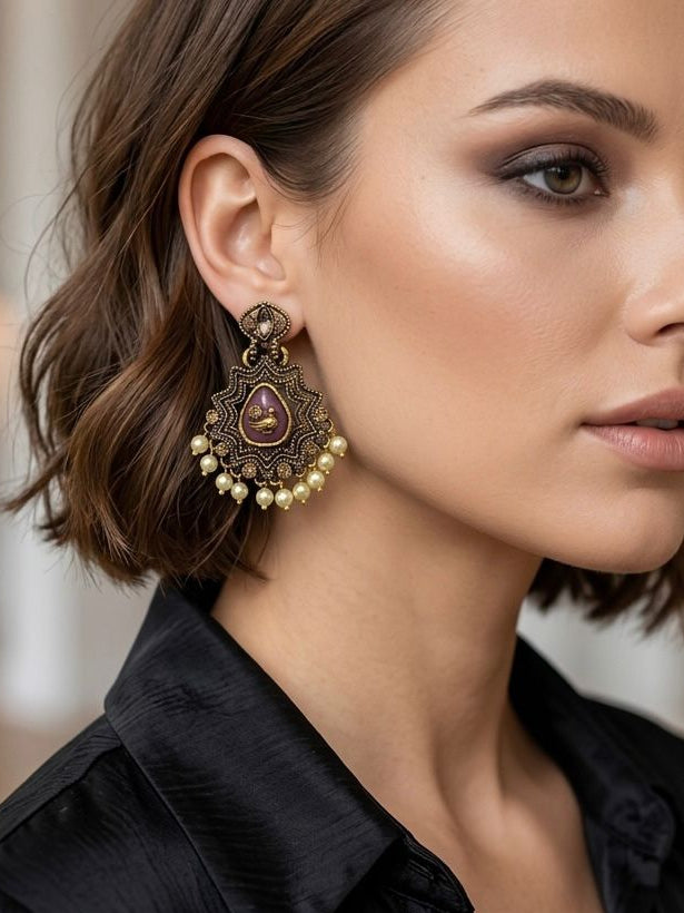 Oxidised Gold Duck Motif Chandbali Earrings with Mauve Stone & Pearl Drops |llb0107