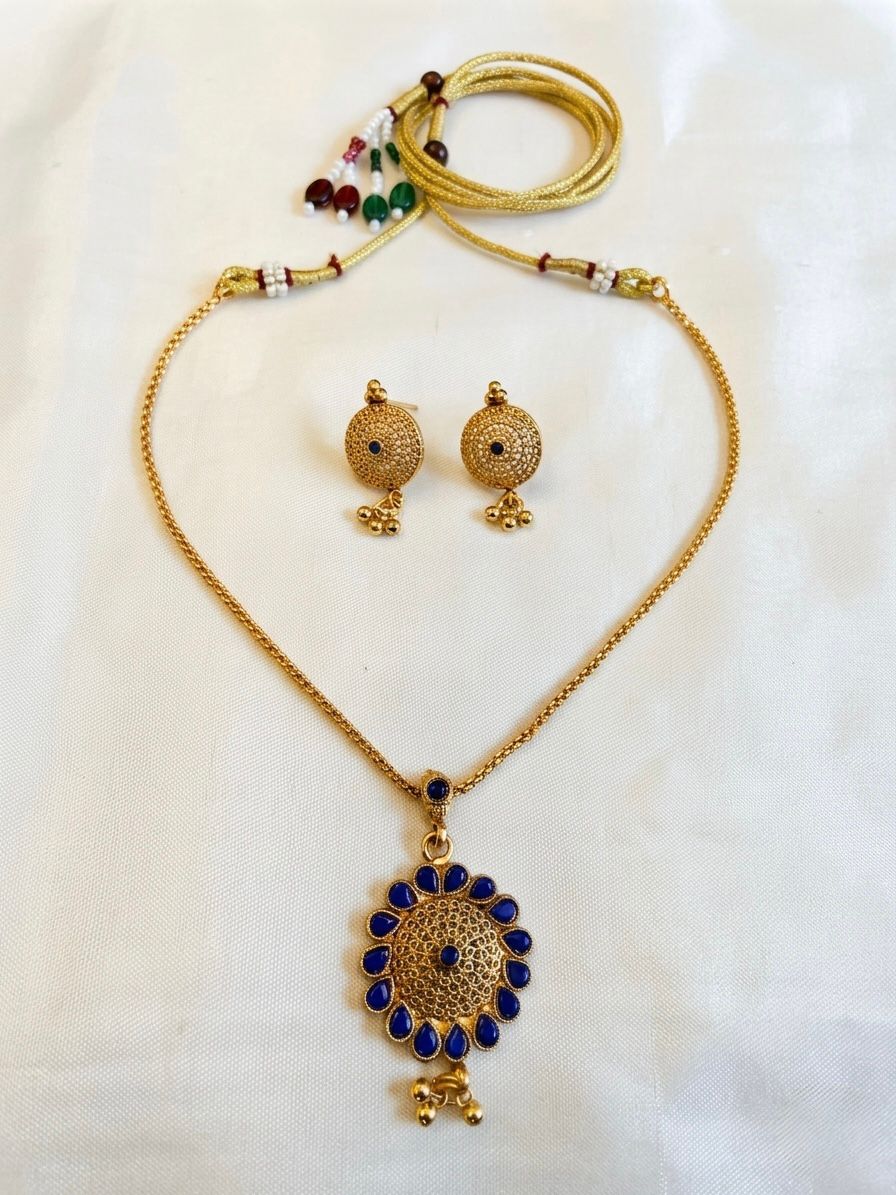 Antique Gold Choker Set with Blue Stone Pendant & Jhumka Earrings | llb947