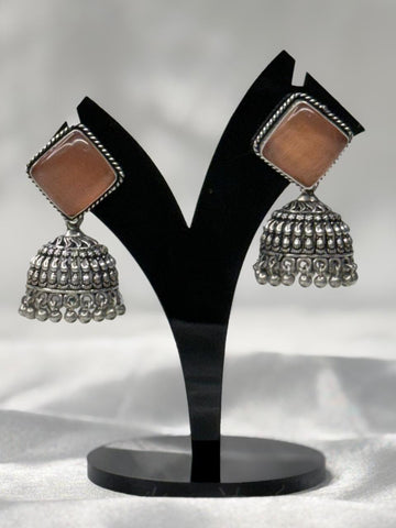 Orange Stone Silver Oxidised Jhumka Earrings,llb582
