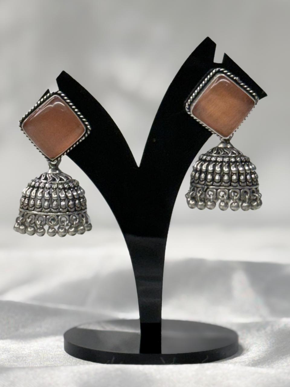 Orange Stone Silver Oxidised Jhumka Earrings,llb582