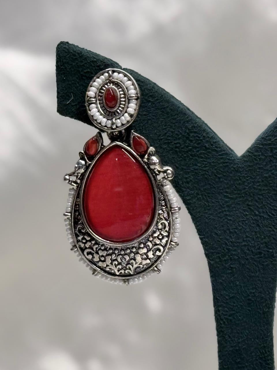 Oxidised Silver Red Stone Drop Earrings with Pearls,llb606