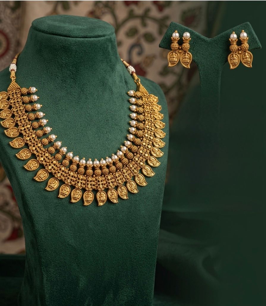 Antique Gold Lakshmi Temple Necklace Set with Earrings | OL182