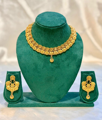 Antique Gold Rose Flower Lakshmi Kasu Choker Necklace & Chandbali Earring Set | llb080