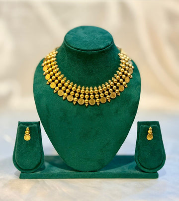 Antique Gold Multi-Layer Ball Bead Kasu Choker Necklace & Earring Set | llb081