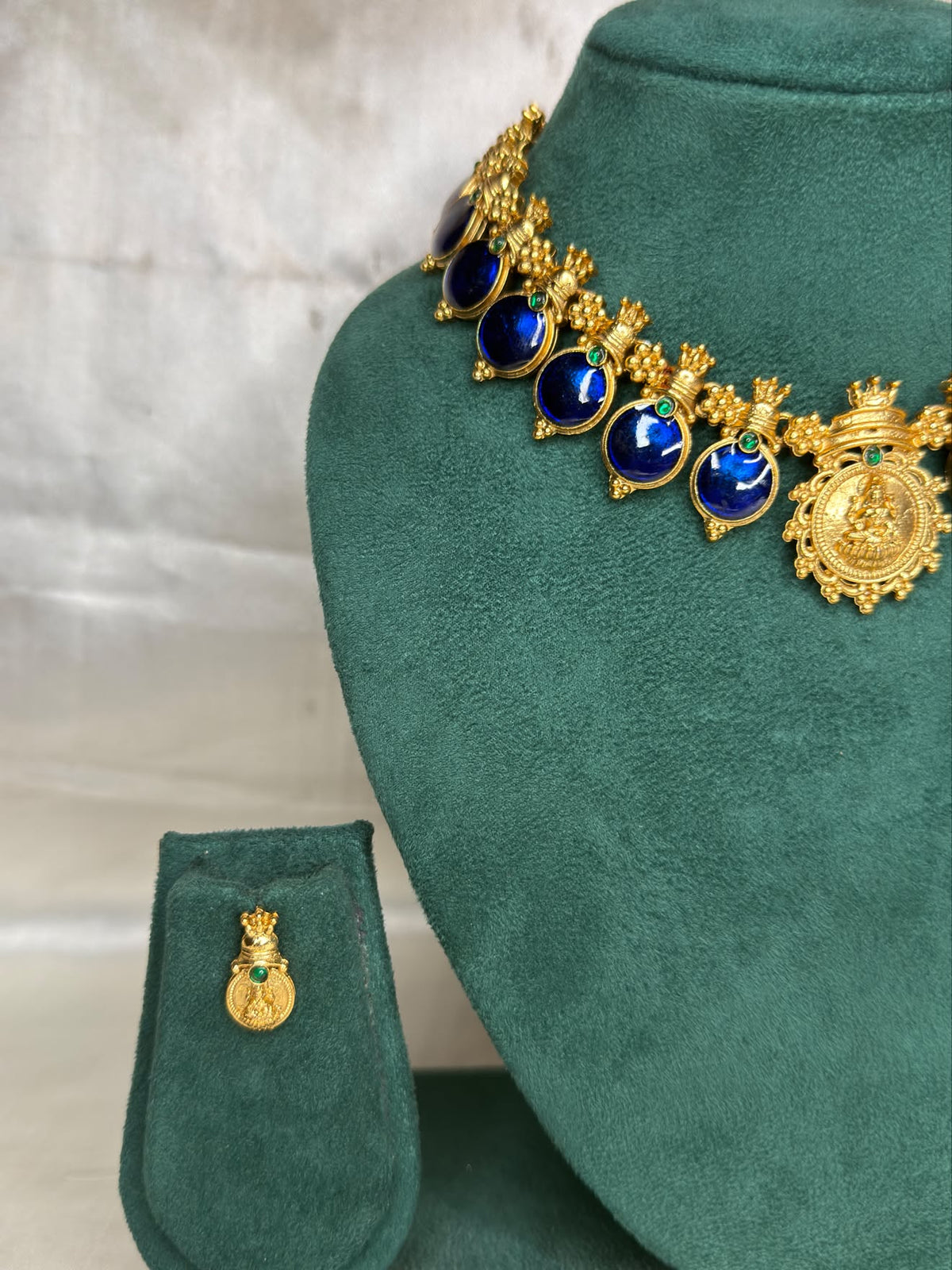 Antique Gold Lakshmi Coin Choker with Green Stone Drops & Earrings | ONK256/NKT240