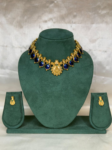 Antique Gold Lakshmi Coin Choker with Green Stone Drops & Earrings | ONK256/NKT240