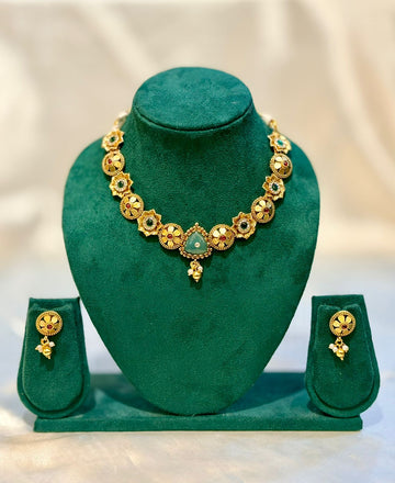 Antique Gold Floral Disc Ruby Emerald Necklace & Pearl Drop Earring Set | llb082