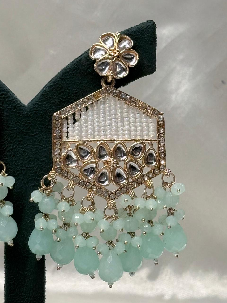 Mint Green Kundan Pearl Drop Earrings for Women,llb596