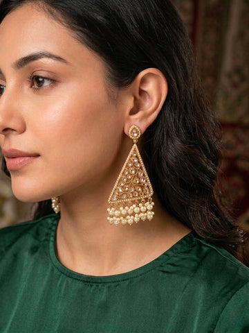 Gold Polki Triangle Earrings with Pearl Drops |llb0154