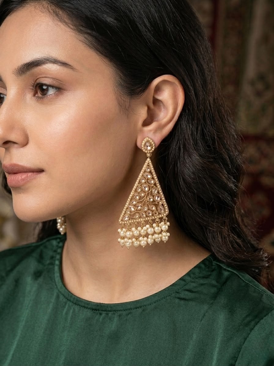 Gold Polki Triangle Earrings with Pearl Drops |llb0154