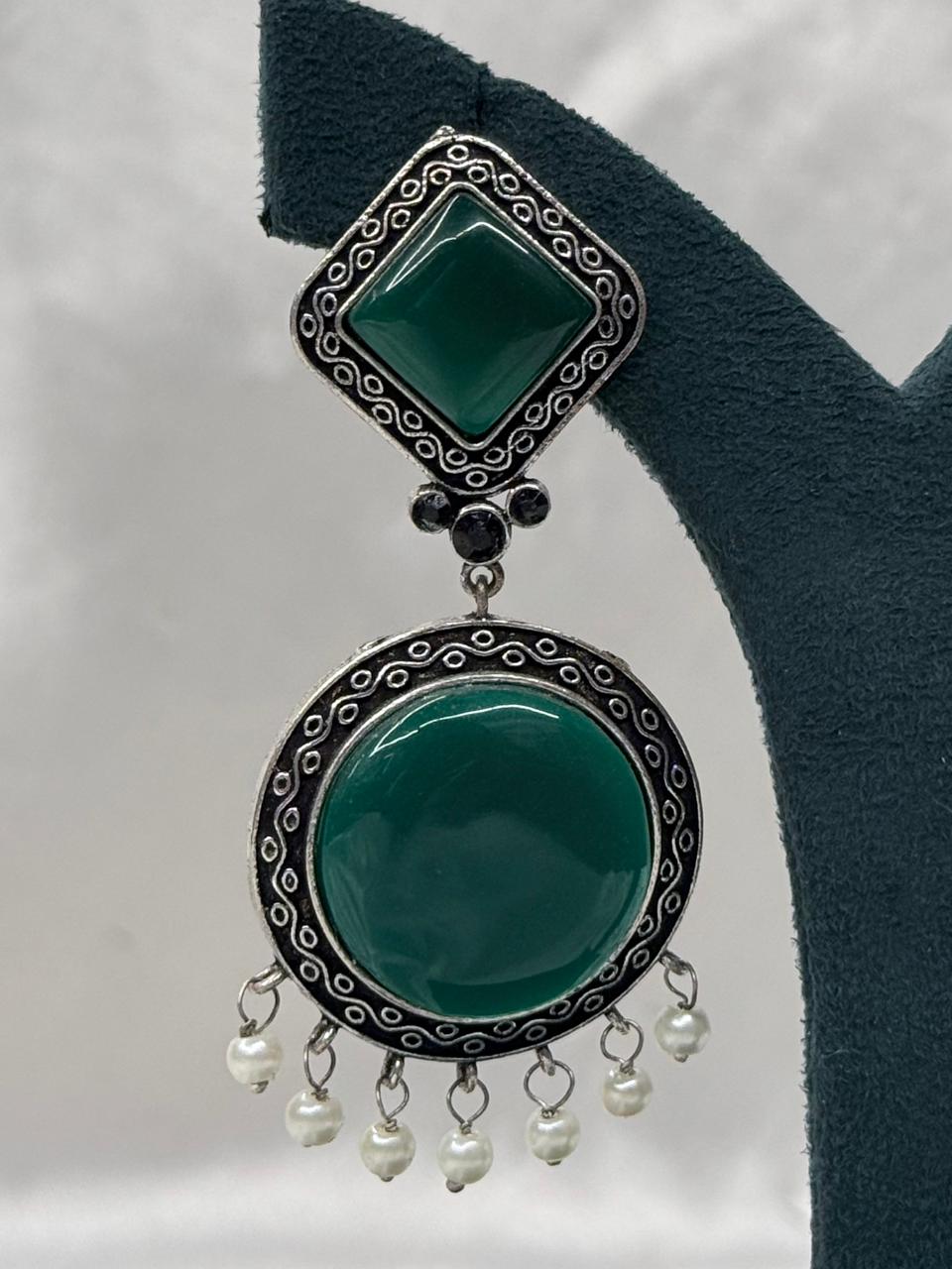 Green Stone Oxidised Silver Statement Earrings,llb586