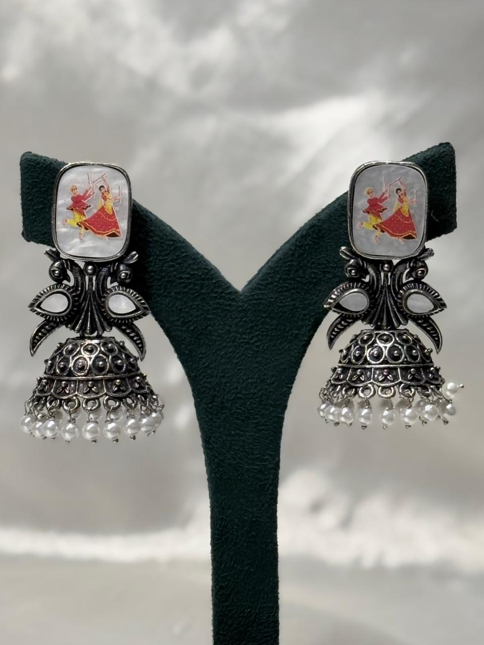 Oxidised Silver Dance Motif Jhumka Earrings with Pearl Drops604