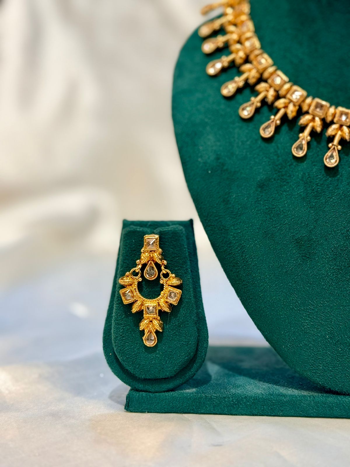 Antique Gold Kundan Polki Leaf Teardrop Necklace & Chandbali Earring Set | llb084
