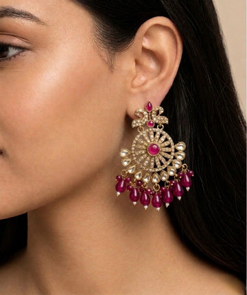 Kundan Chandbali Earrings with Ruby Bead Drops / llb020