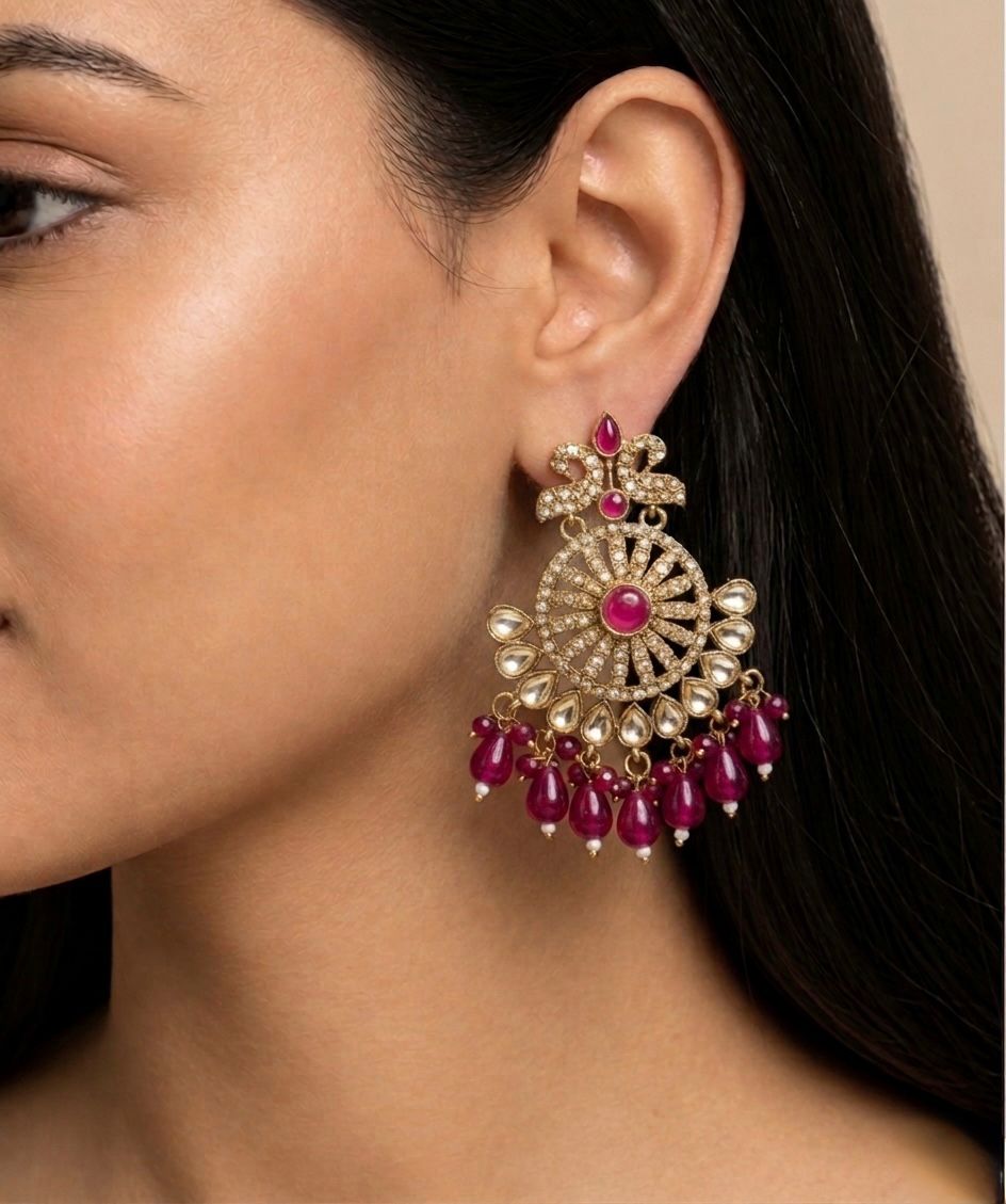 Kundan Chandbali Earrings with Ruby Bead Drops / llb020
