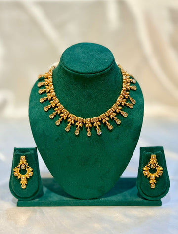 Antique Gold Kundan Polki Leaf Teardrop Necklace & Chandbali Earring Set | llb084