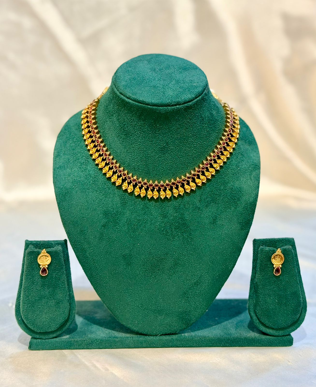 Antique Gold Ruby Mango Leaf Choker Necklace & Lakshmi Coin Drop Earring Set | llb086