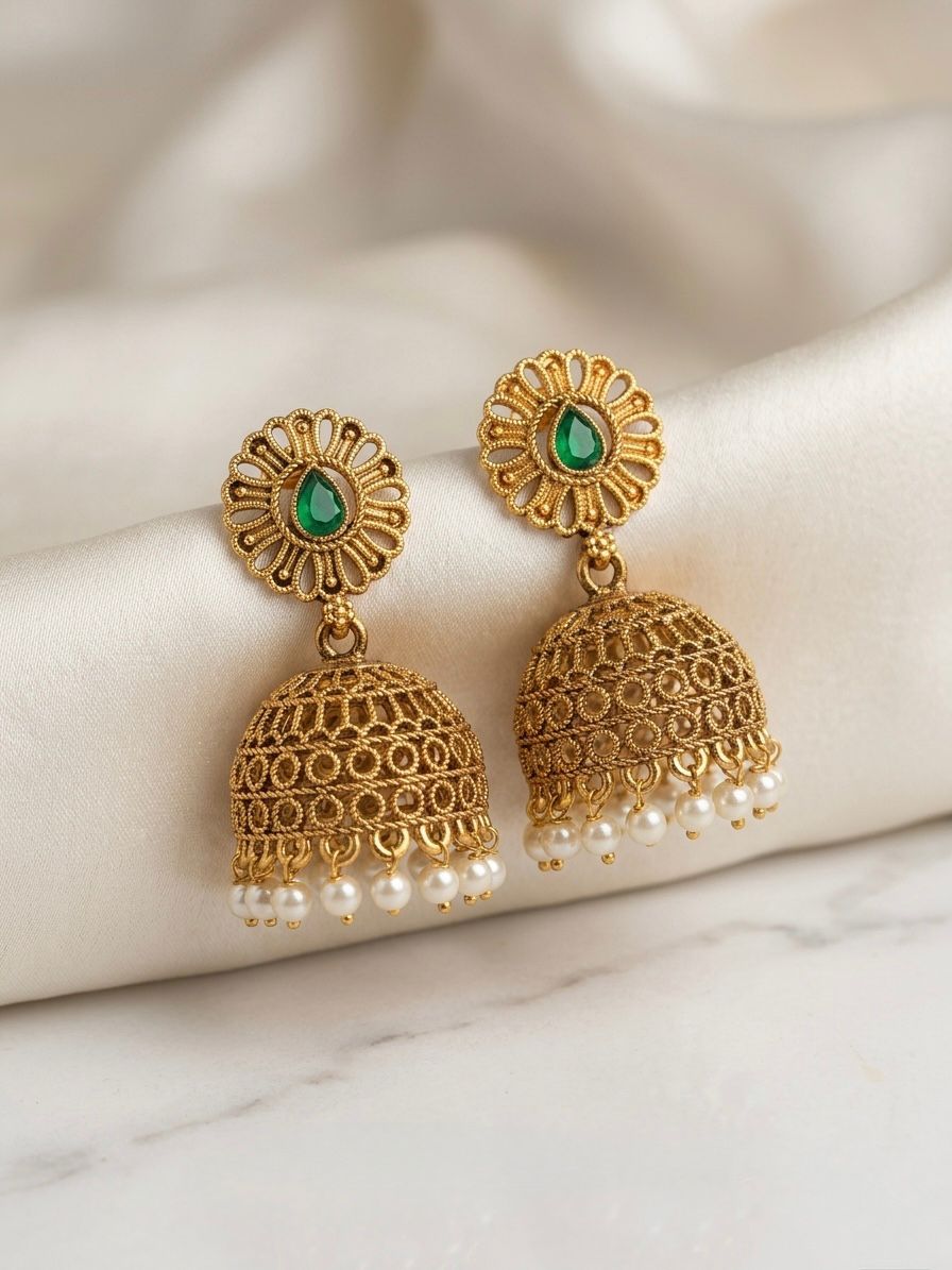 Antique Gold Jhumka Earrings | Green Stone & Pearl Drops | llb0135