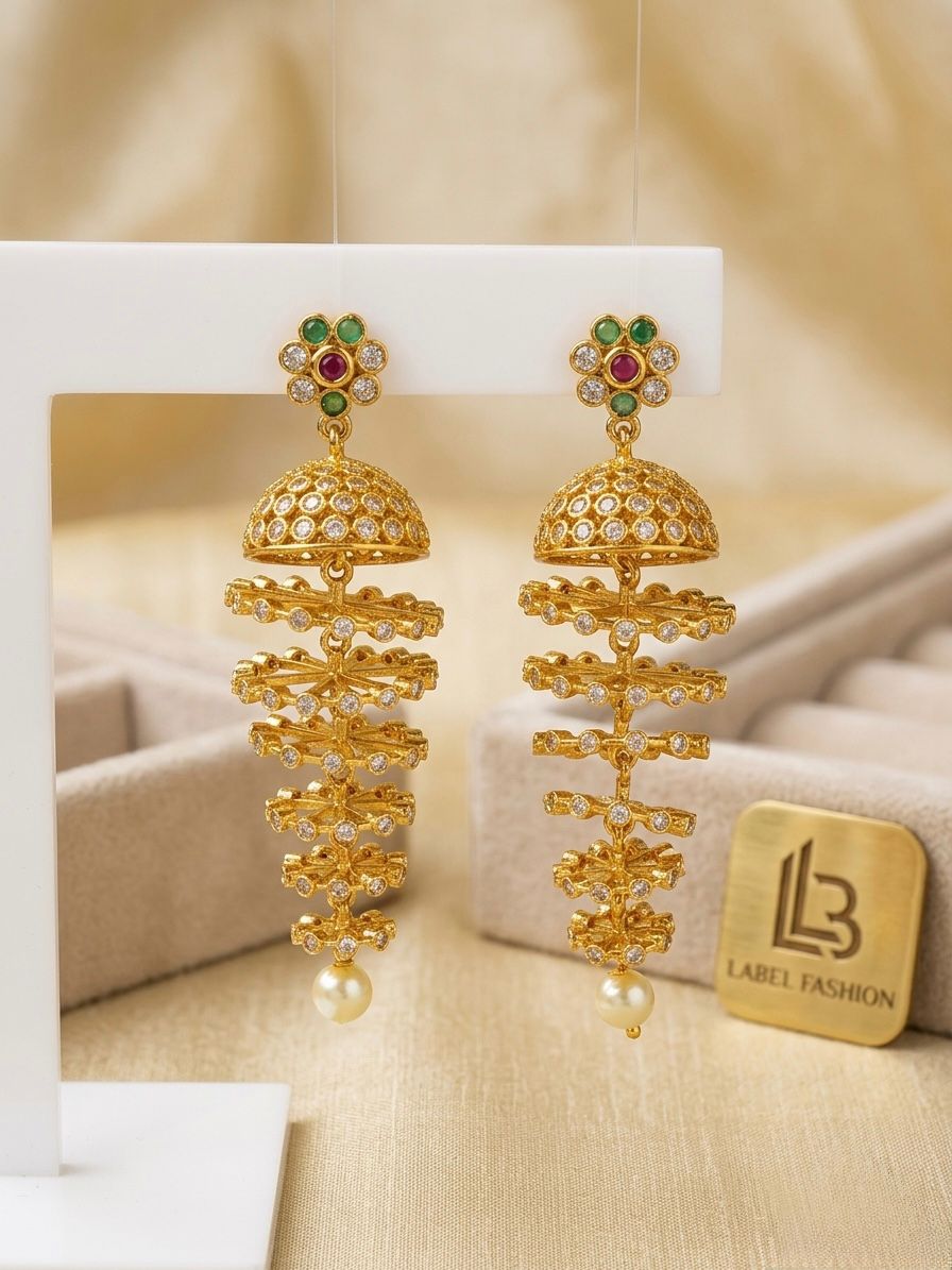 Gold CZ Layered Jhumka Earrings with Ruby, Emerald & Pearl Drop | llb0131