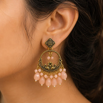 Antique Gold Blush Pink Crystal Chandbali Earrings | llb0159