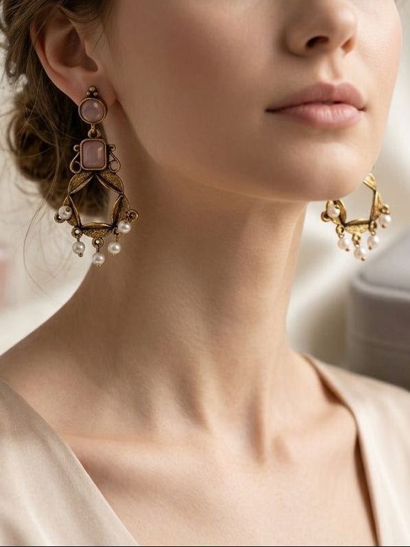 Rose Pink Stone & Pearl Drops | llb038