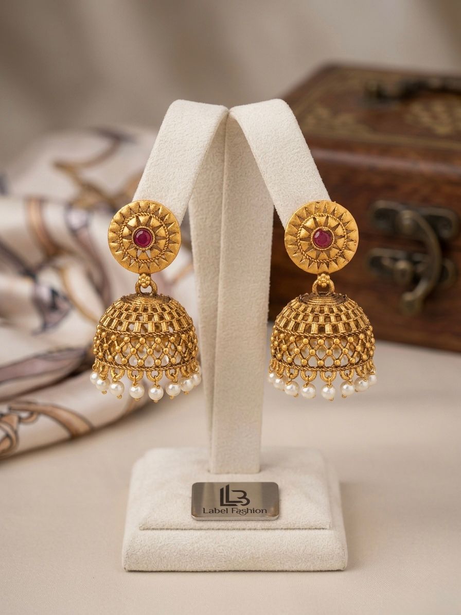 Antique Gold Temple Jhumka Earrings | Ruby Stone & Pearl Drops | llb0137