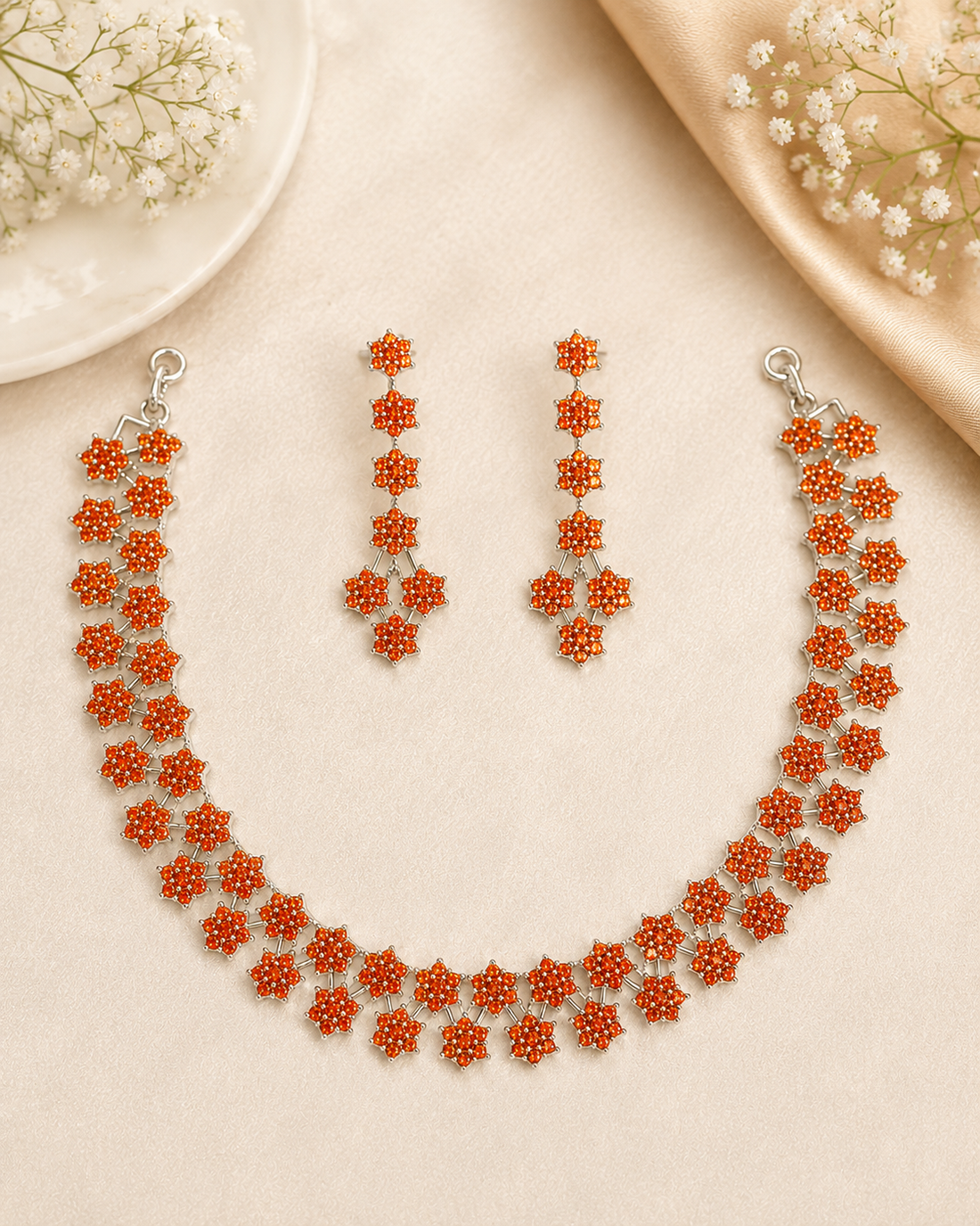 Orange Floral American Diamond Set  | 8992