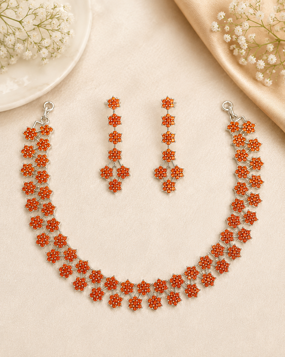 Orange Floral American Diamond Set  | 8992