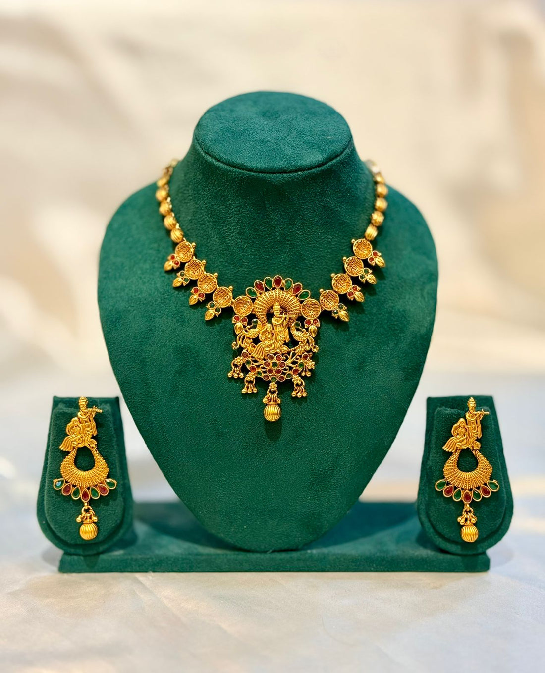 Antique Gold Lakshmi Peacock Temple Necklace & Chandbali Earring Set | llb089
