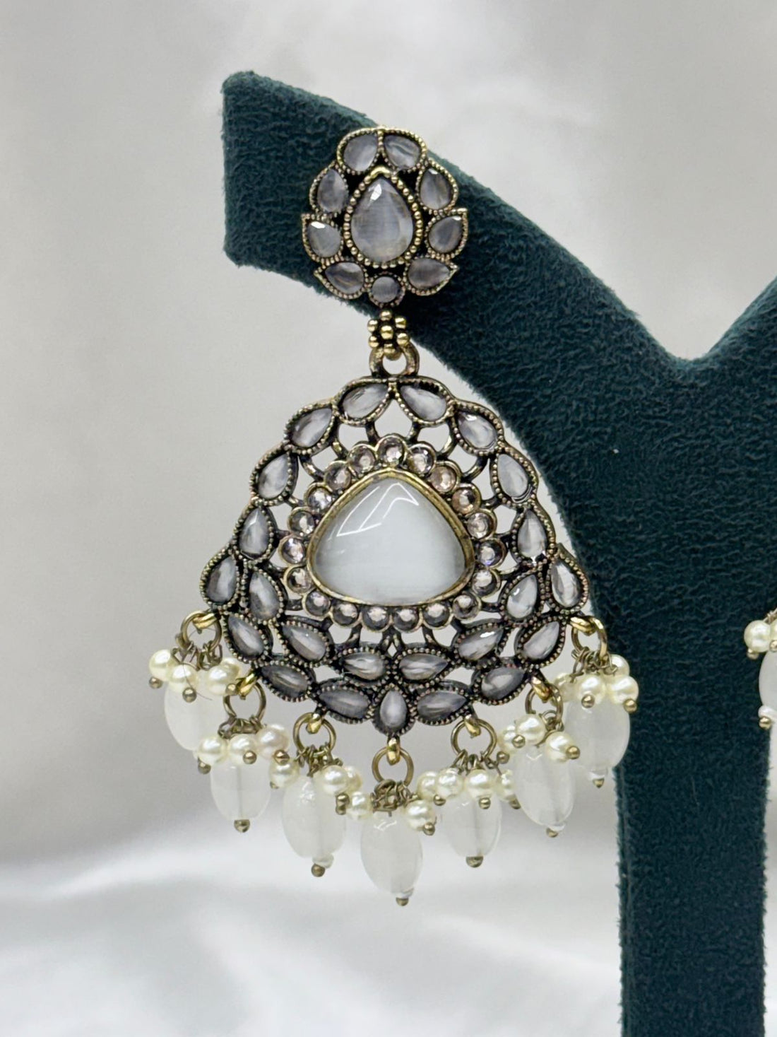 Grey Kundan Chandbali Earrings with Pearl Drops,llb626