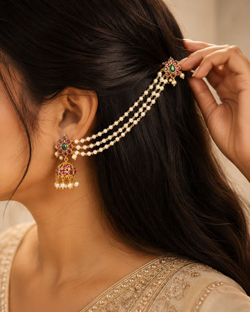 Kemp Stone Jhumka with Pearl Chain Connector | LV1408