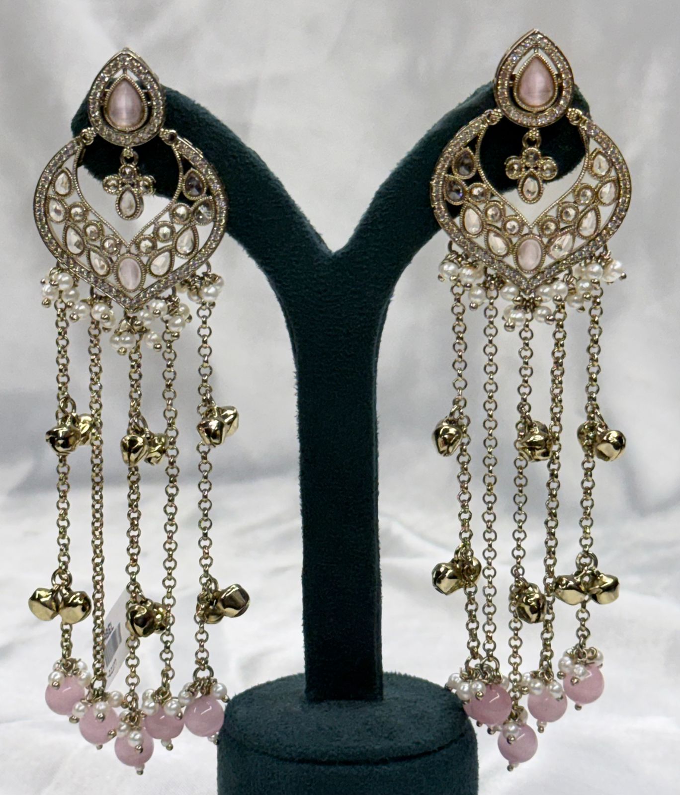 Antique Gold Pink Stone Chandelier Earrings with Pearls,llb563