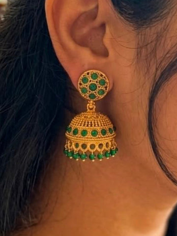 Gold Emerald Green Stone Jhumka Earrings | LLB0164