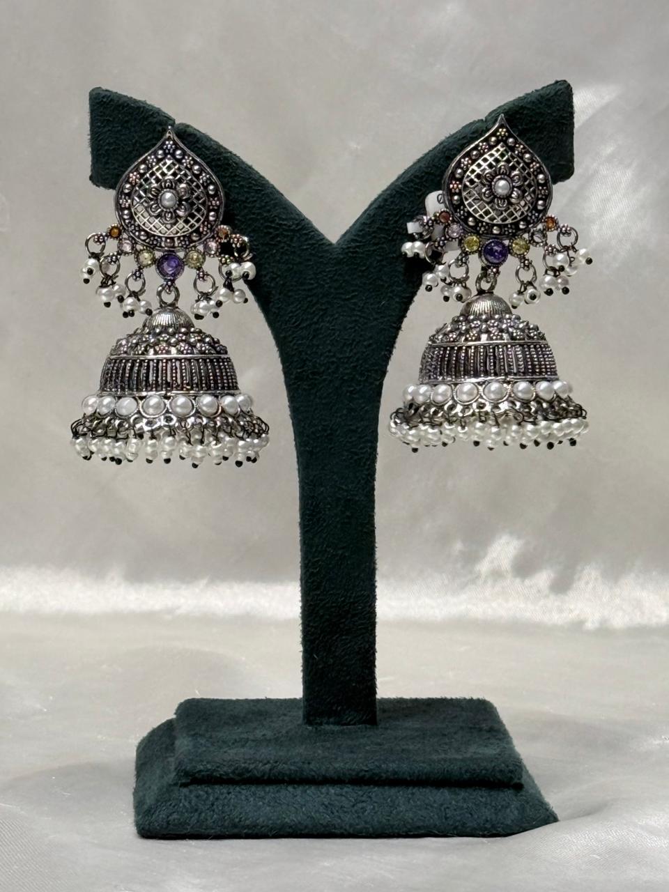 Oxidised Silver Jhumka Earrings with Pearls,llb601