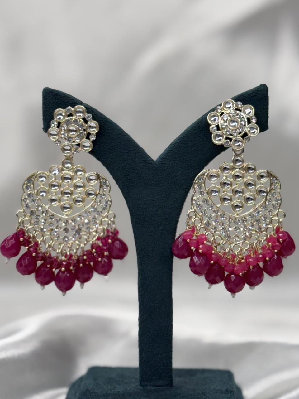 Elegant Gold Plated Kundan Earrings with Pink Drop Beads,llb589
