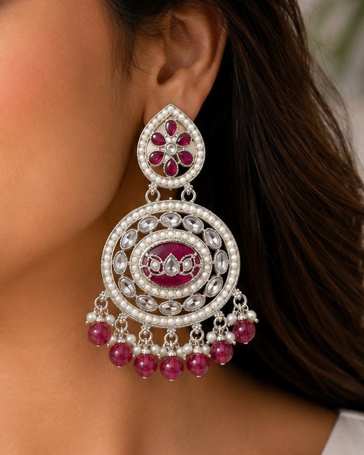 Silver Teal Meenakari Lotus Chandbali Earrings | OLT89