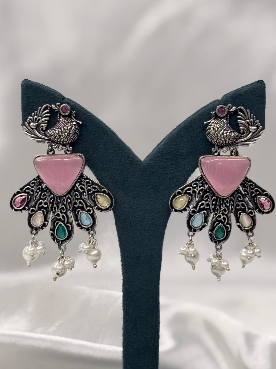 Oxidized Silver Peacock Earrings with Pink Stone & Pearl Drops,llb591