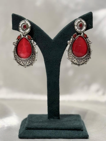 Oxidised Silver Red Stone Drop Earrings with Pearls,llb606
