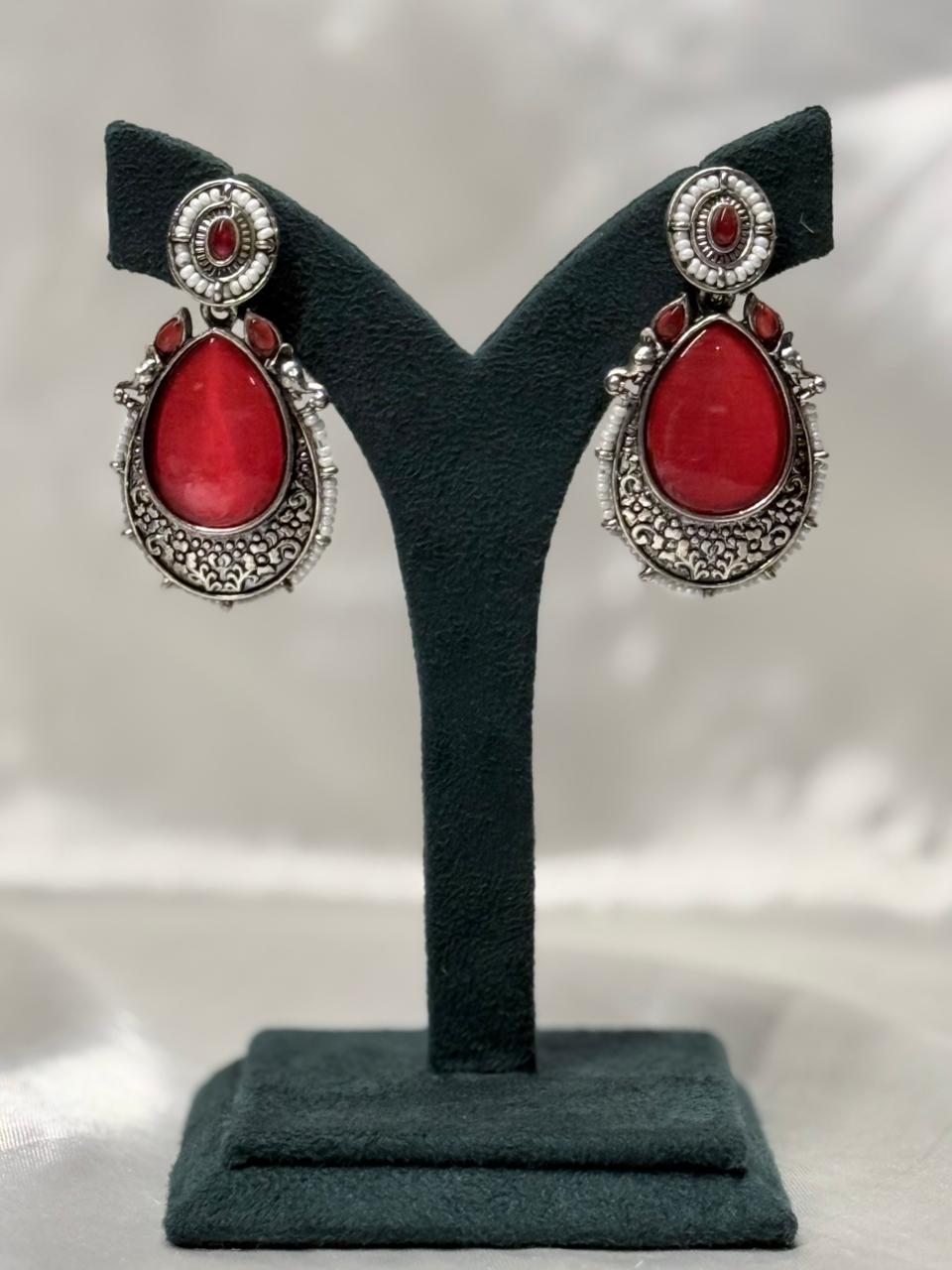 Oxidised Silver Red Stone Drop Earrings with Pearls,llb606
