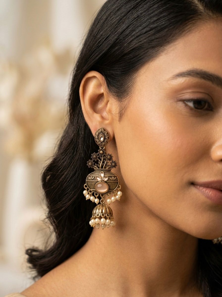 Antique Gold Floral Vase Jhumka Earrings with Pearl Drops & Peach Stone | llb0129