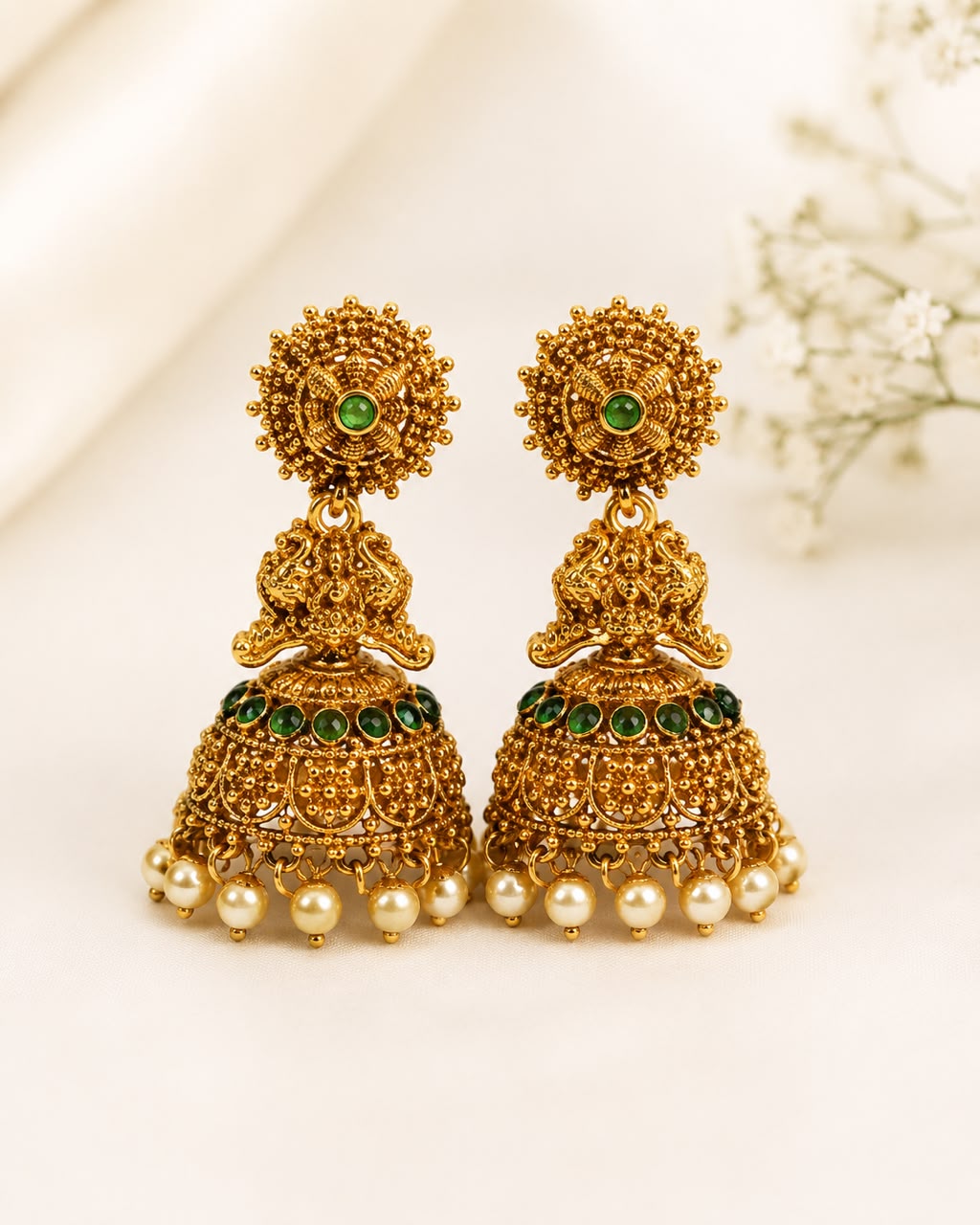 Antique Gold Lakshmi Temple Jhumka Earrings with Emerald & Pearl | LLB0176
