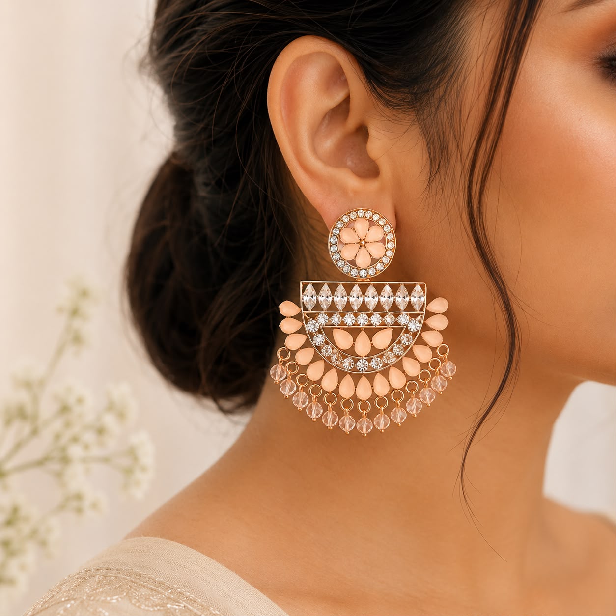 Peach Floral Chandbali Earrings | llb0146