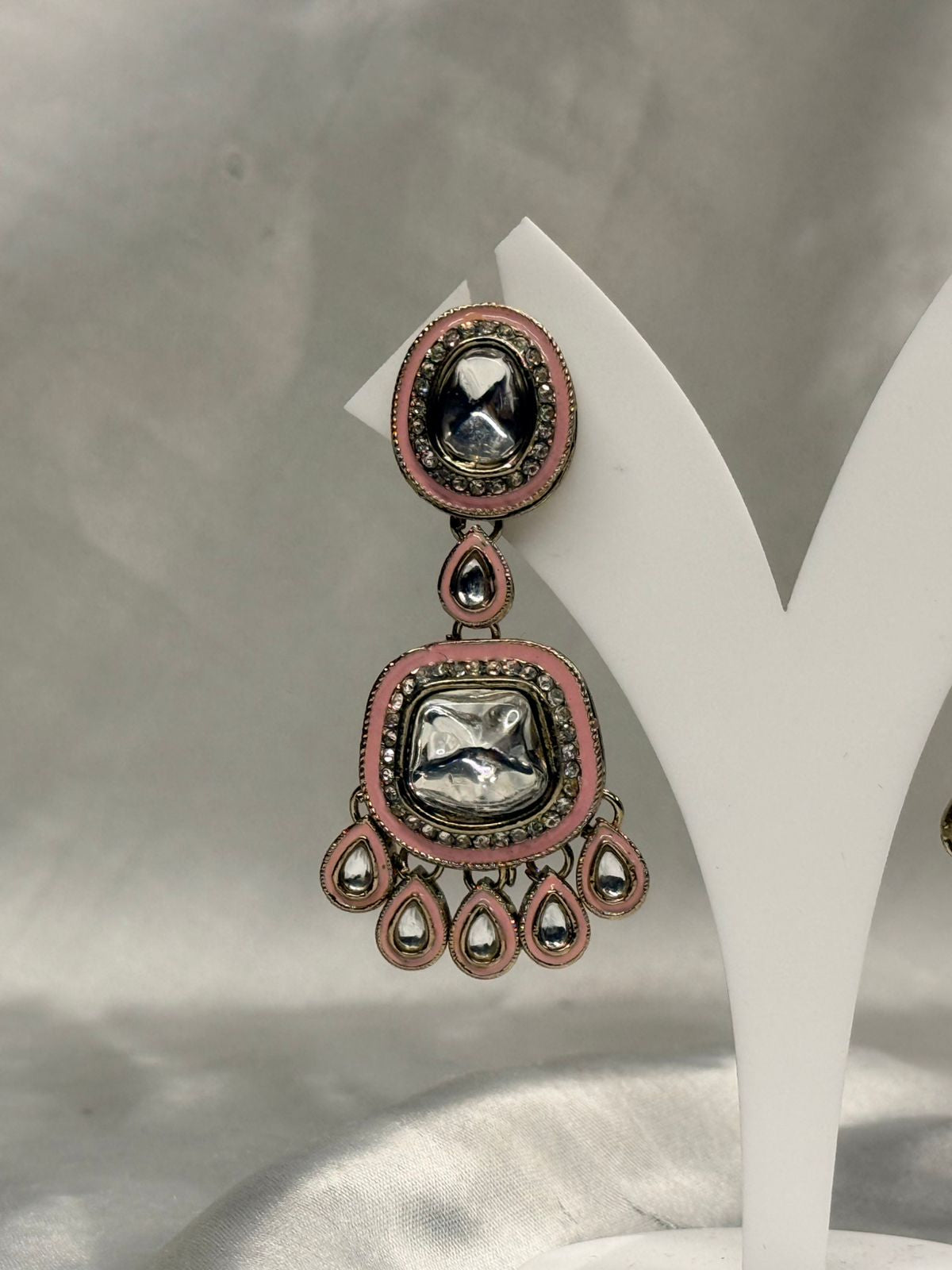 Pink Kundan Stone Dangle Earrings with Crystal Detailing,llb639
