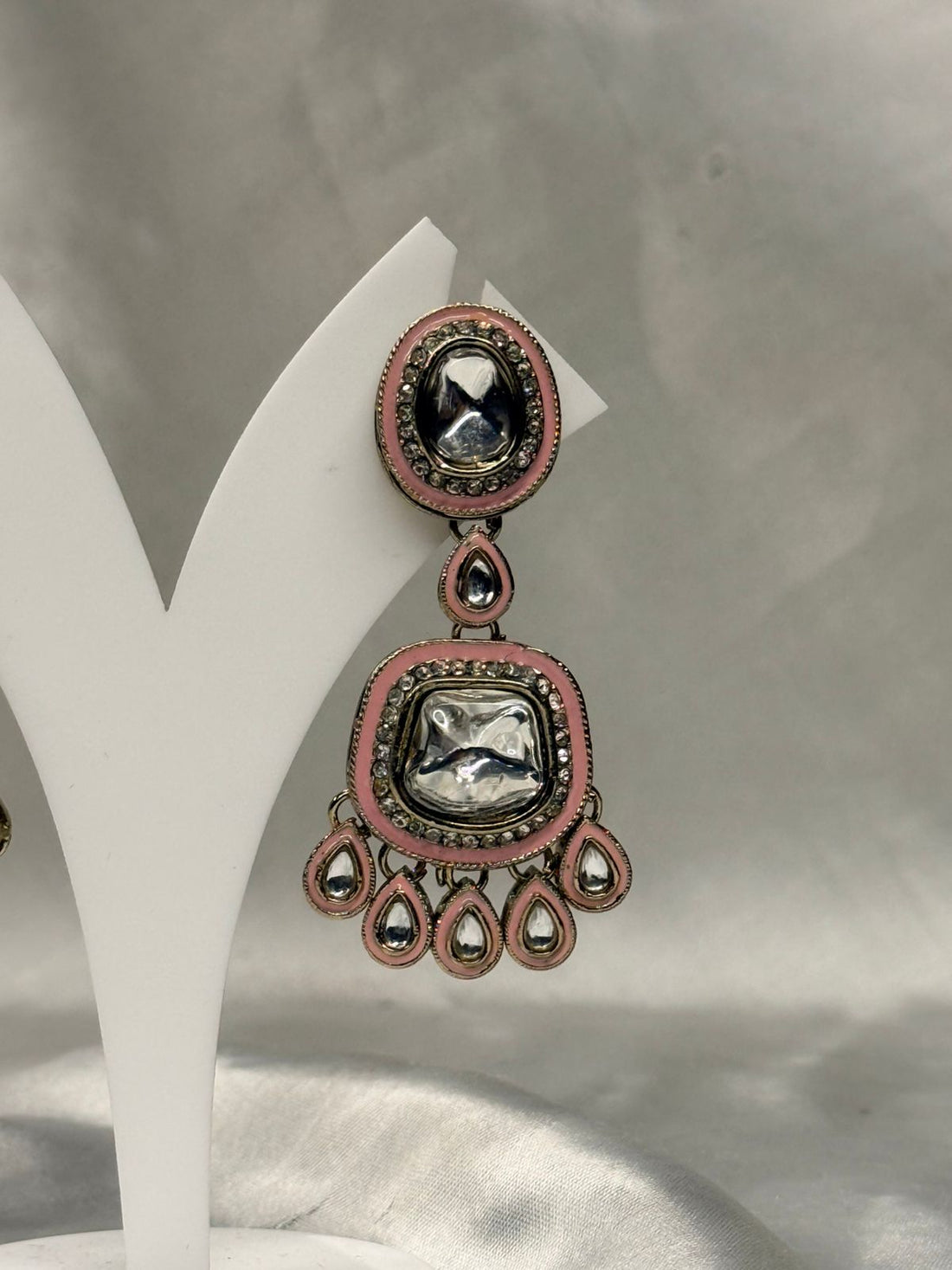 Pink Kundan Stone Dangle Earrings with Crystal Detailing,llb639