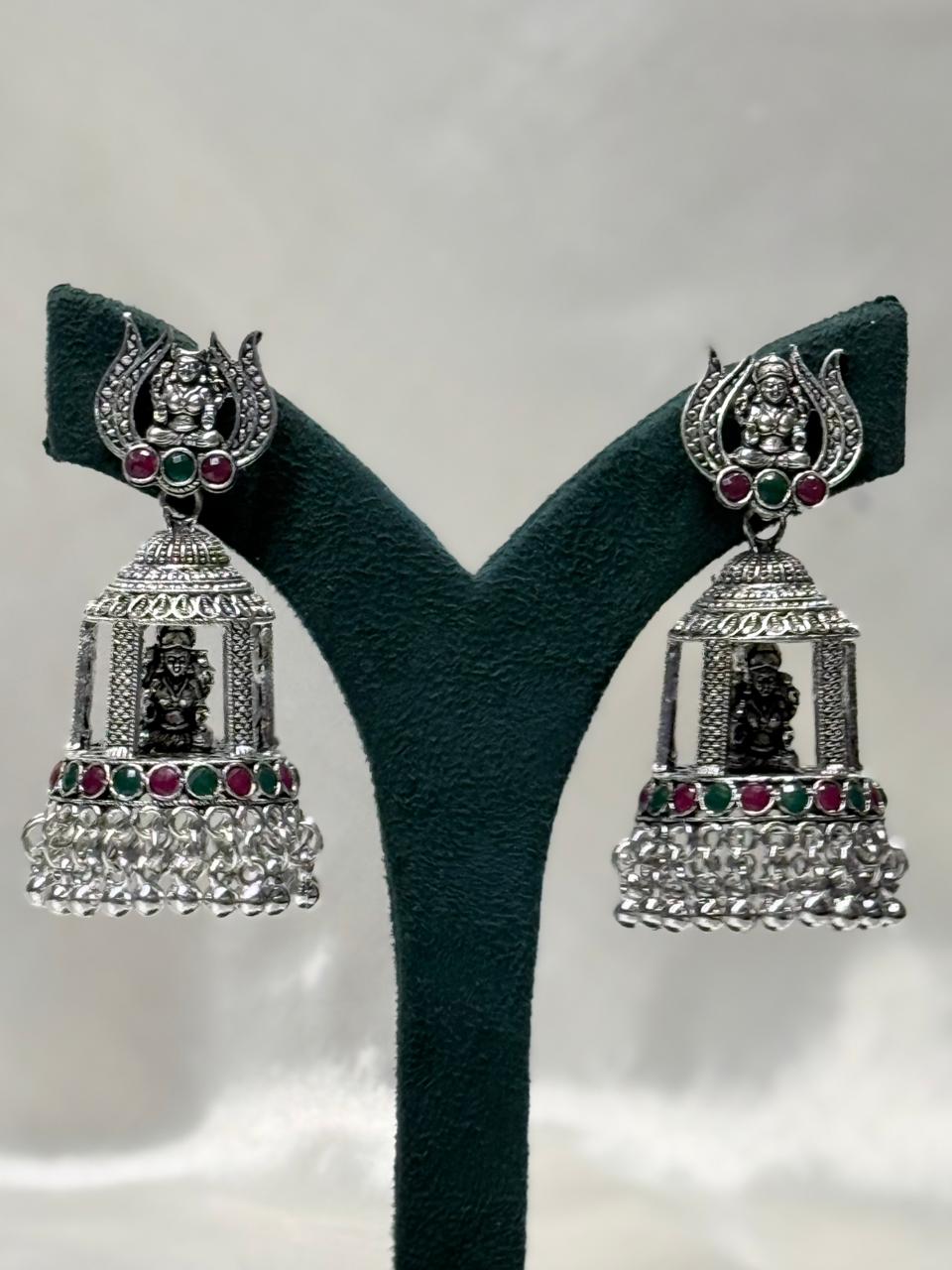 Oxidised Silver Lakshmi Jhumka Earrings with Ruby,llb600