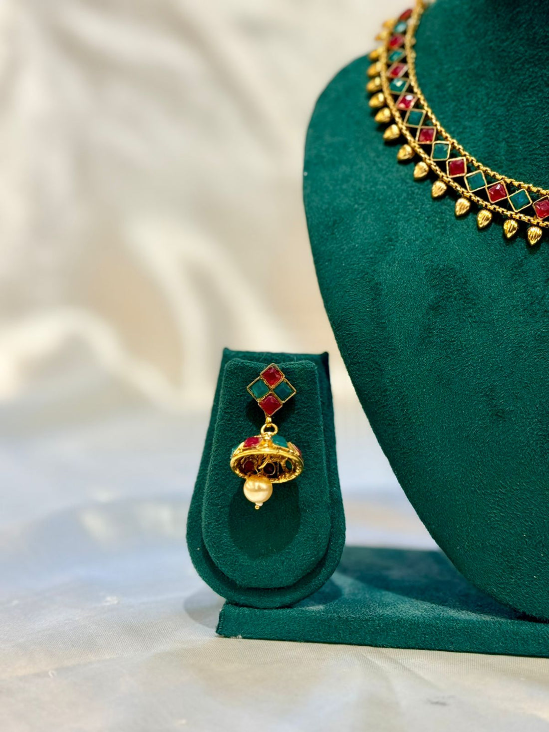Ruby Turquoise Diamond Square Stone Gold Choker Necklace & Jhumka Earring Set | llb091