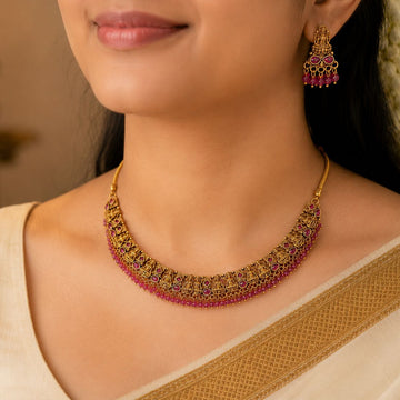 Antique Gold Lakshmi Ruby Necklace Set with Jhumka Earrings | OL05