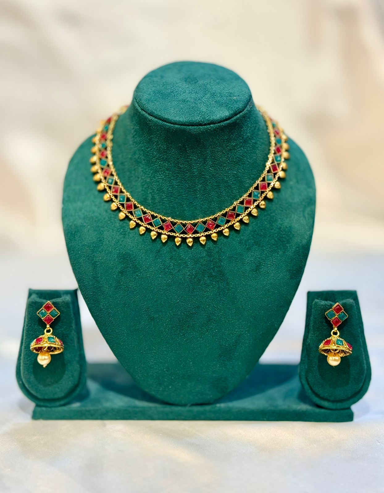 Ruby Turquoise Diamond Square Stone Gold Choker Necklace & Jhumka Earring Set | llb091