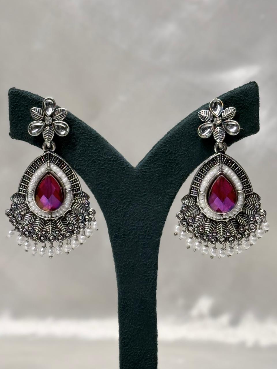Oxidised Silver Floral Drop Earrings with Red Stone & Pearls,llb608