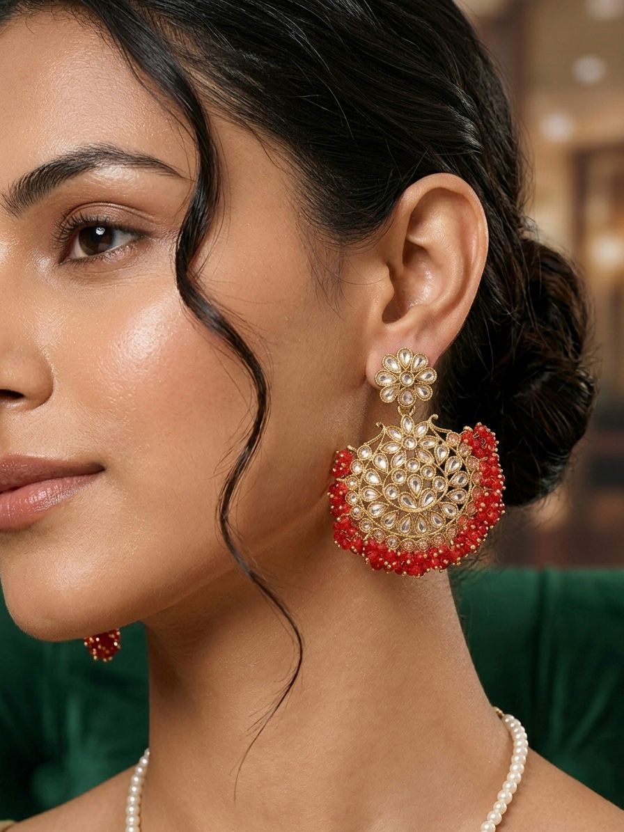 Red Bead Kundan Chandbali Earrings | llb0116